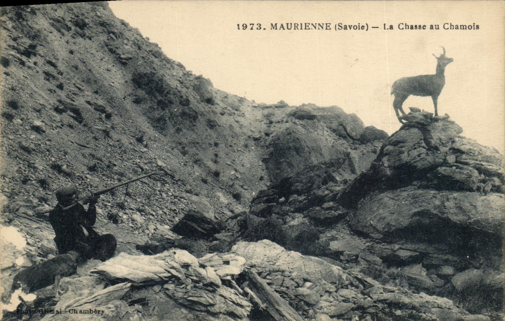 Postal Caza Maurienne la caza a la gamuza Cazador