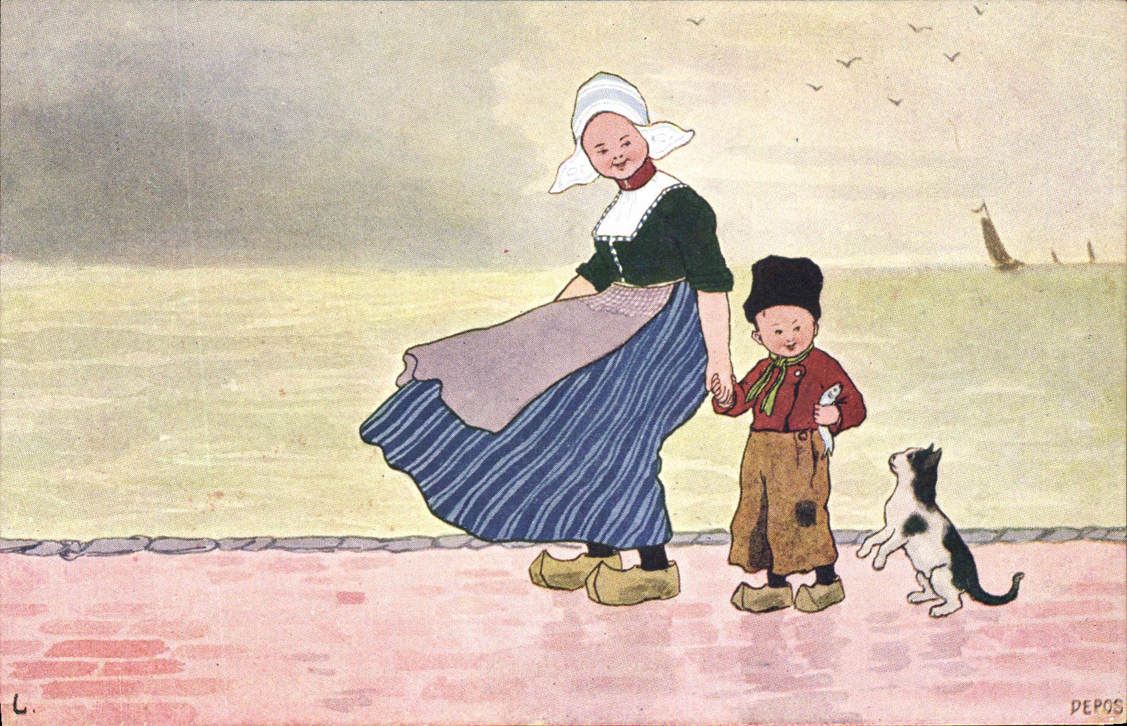 Postal Fantasia Ilustrador Holanda Mujer - niño Gato Gatito