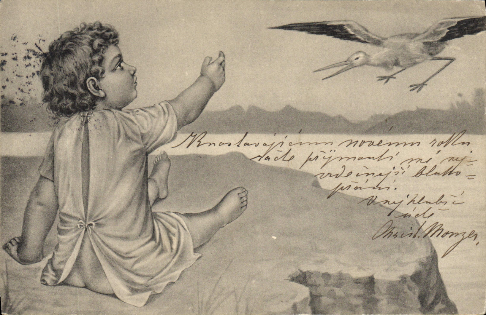 CPA Fantaisie Illustrateur Enfant Cigogne 