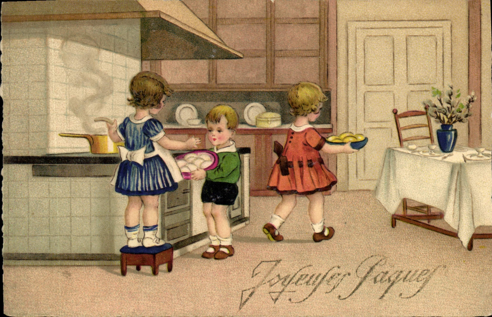 Postal Fantasia Ilustrador Niños Pascuas