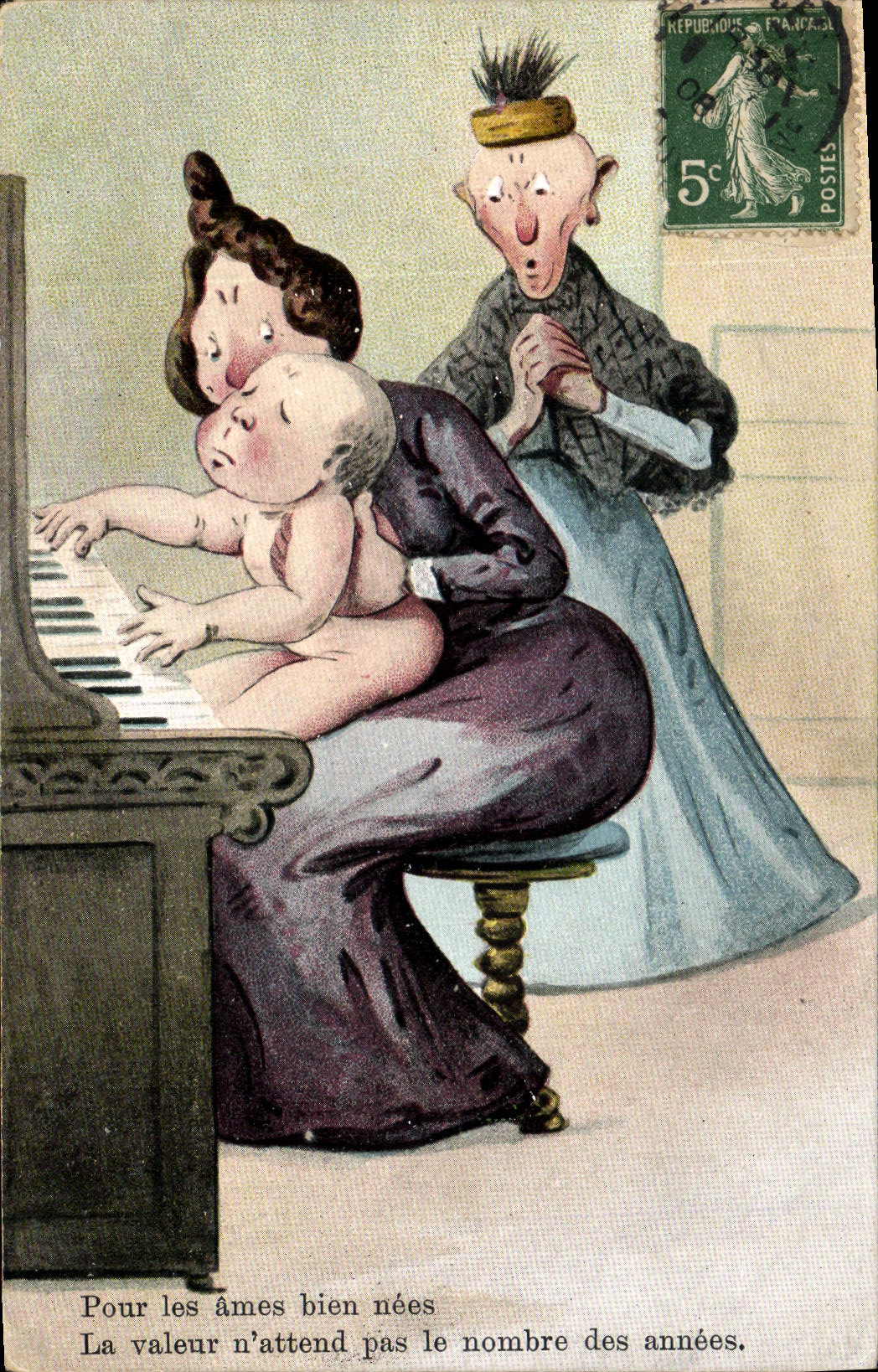 Vintage Postcard Fantasy Illustrator Women Child Baby Piano