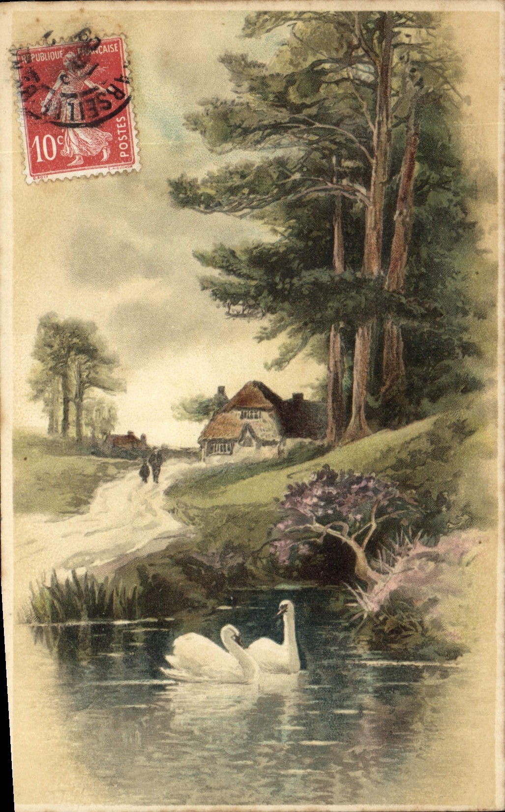 Postal Fantasia Ilustrador Cisnes Paisaje