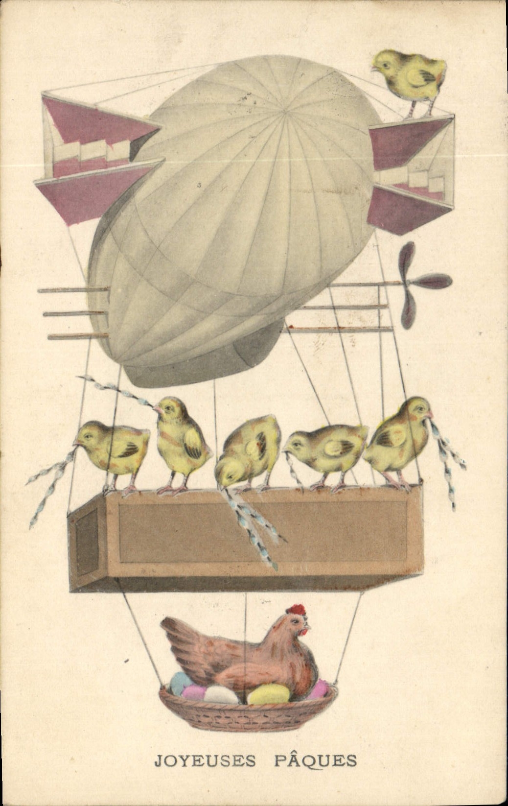 CPA Fantaisie Illustrateur Poussins Zeppelin Dirigeable Poule Aviation 