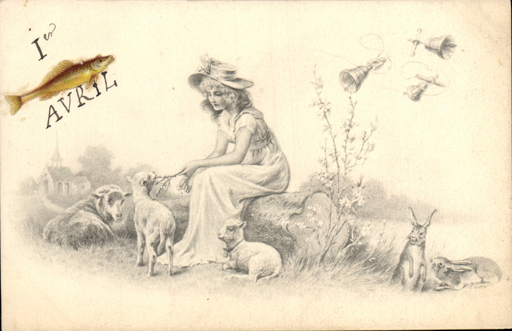 Postal Fantasia Ilustrador Mujer Conejo Ovejas 1 de abril Pescado