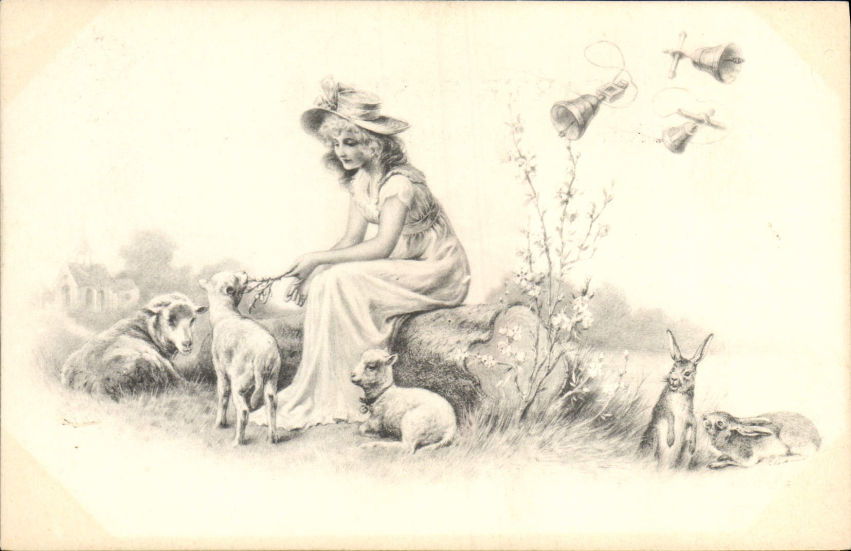 CPA Fantaisie Illustrateur Femme Lapin Moutons