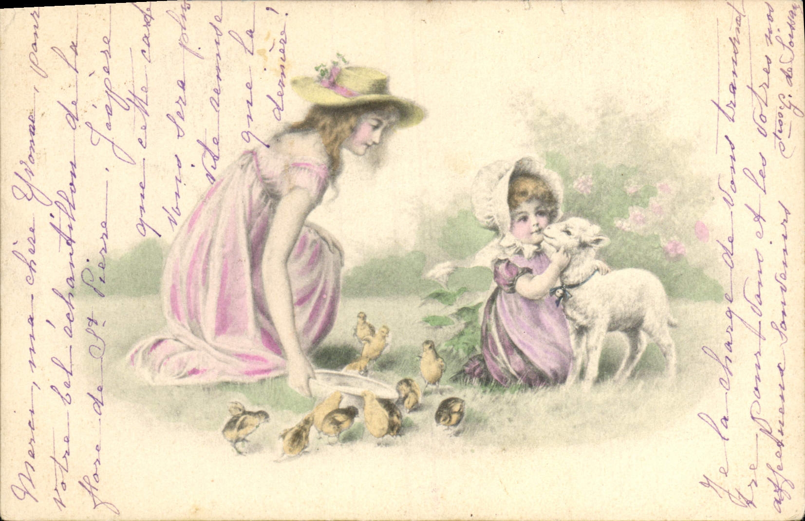 CPA Fantaisie Illustrateur Femme Enfant Moutons Poussins