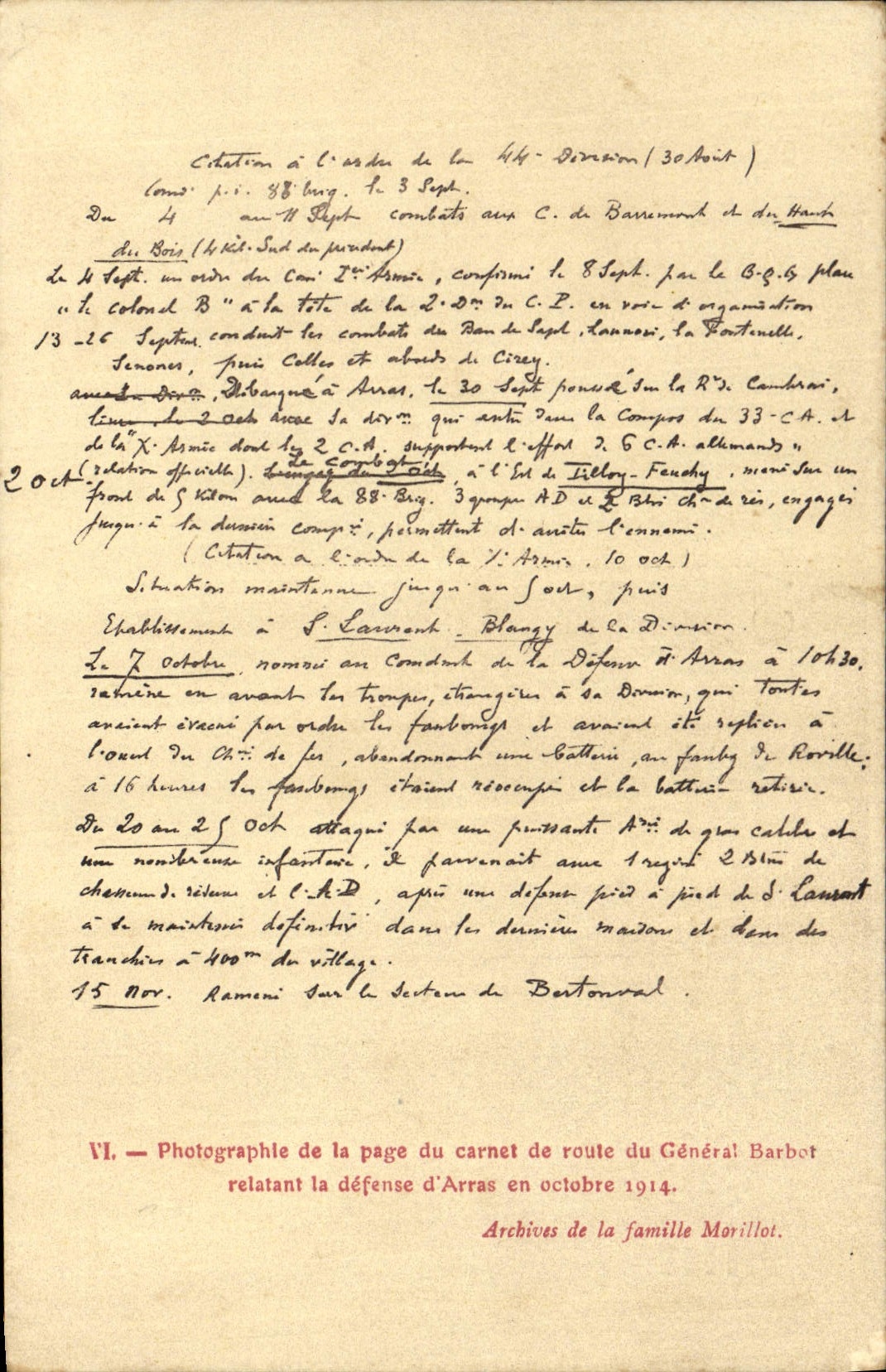 Vintage Postcard Militaria Photographs page of log book of general Barbot reporting the defense of Arras