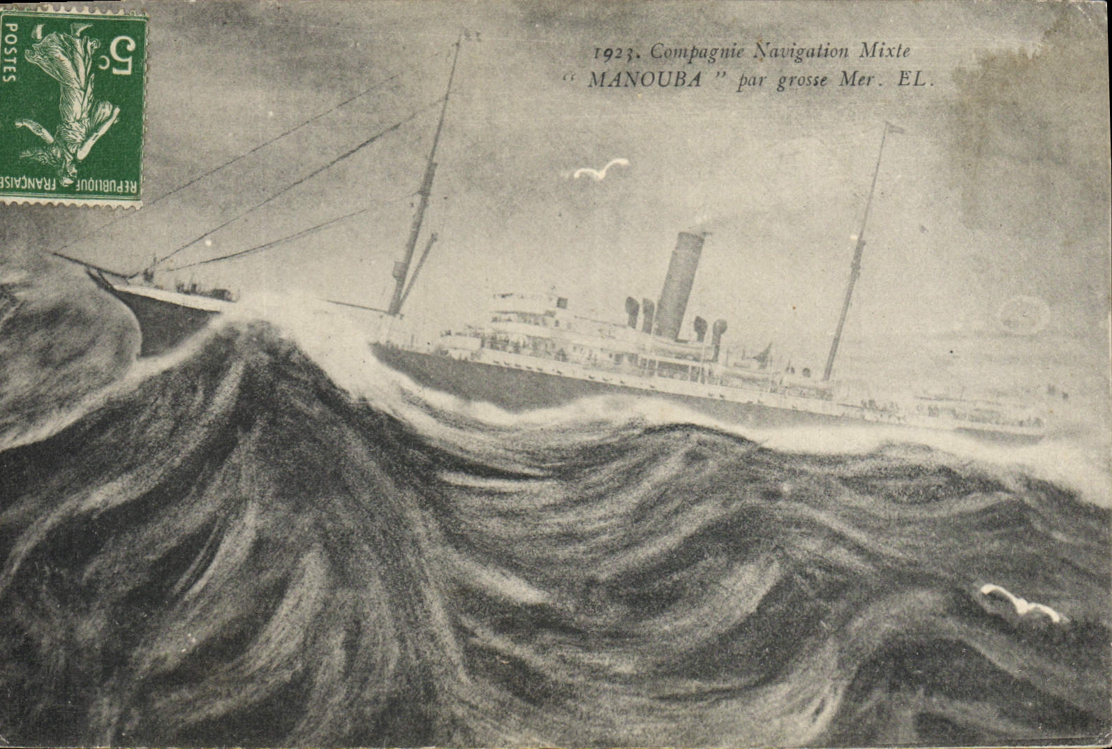 Vintage Postcard Boat Mixed Company Navigation Manouba by heavy sea