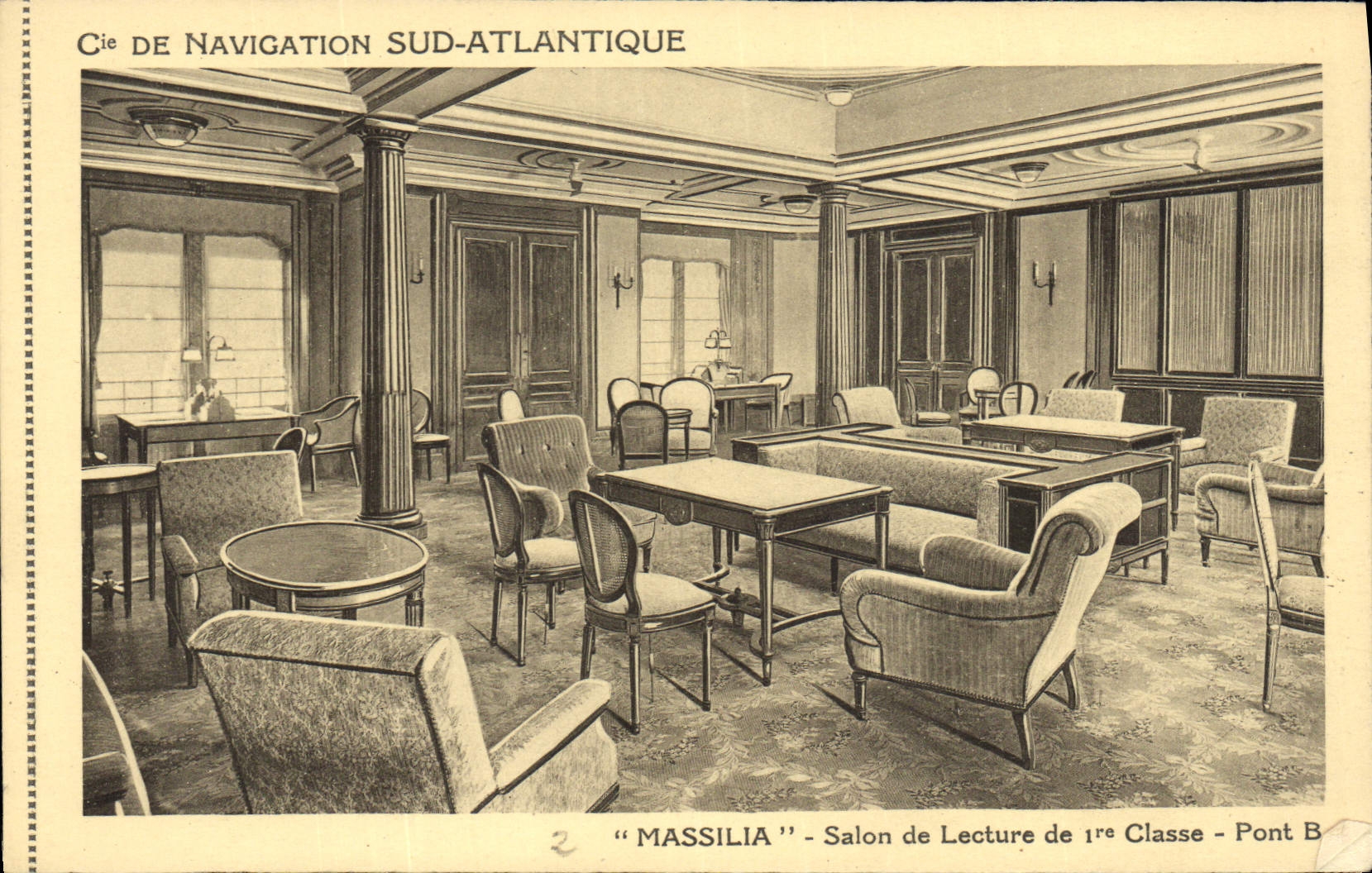 Vintage Postcard Boat Co of Southern Navigation Atlantic Massilia Living room of reading of 1st class Bridge B
