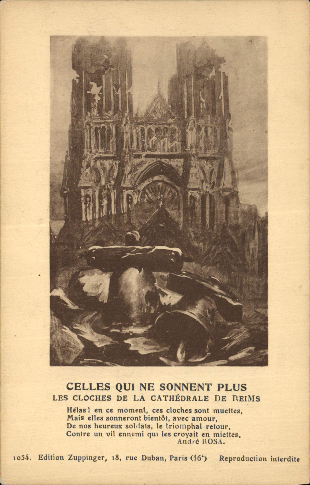 Vintage Postcard Bell bells of the cathedral of Rheims Militaria