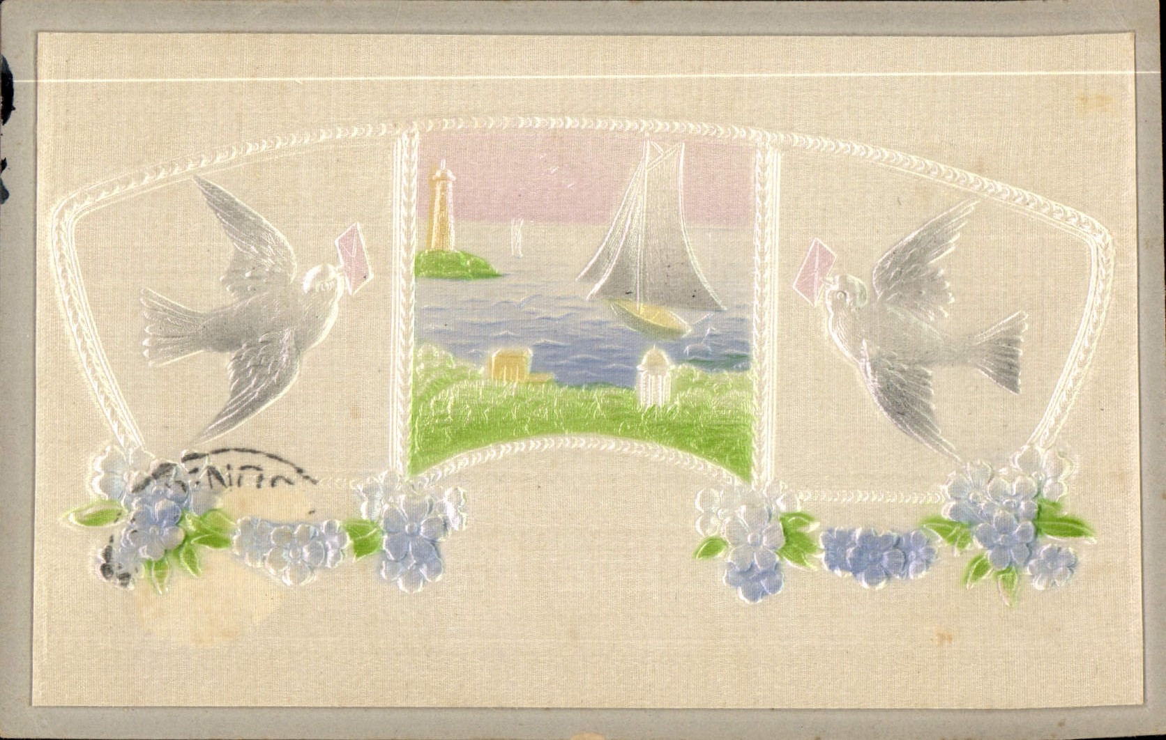 CPA Fantaisie Fleurs Colombes Bateau (carte toilée) 