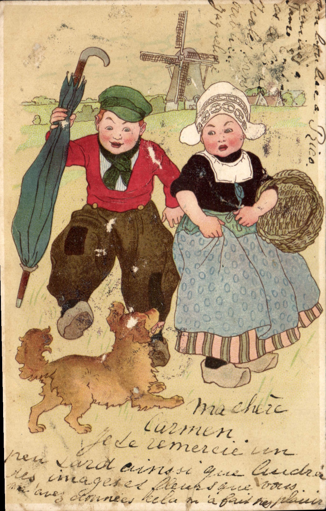 Postal Fantasia Ilustrador Niños Folclore Molino tiene viento Perro