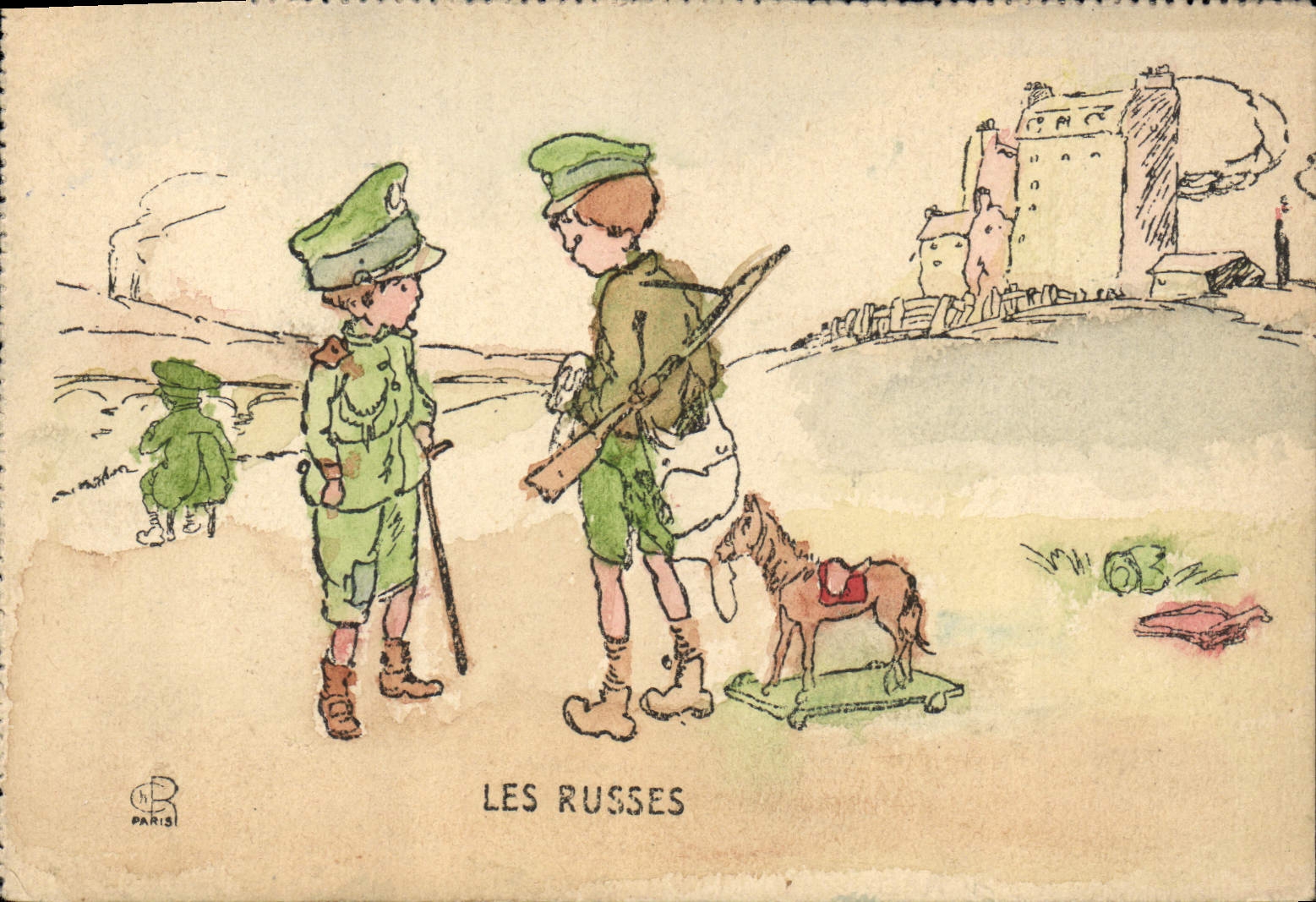 CPA Fantaisie Illustrateur Enfants Les russes Russie Russia Cheval Militaria 