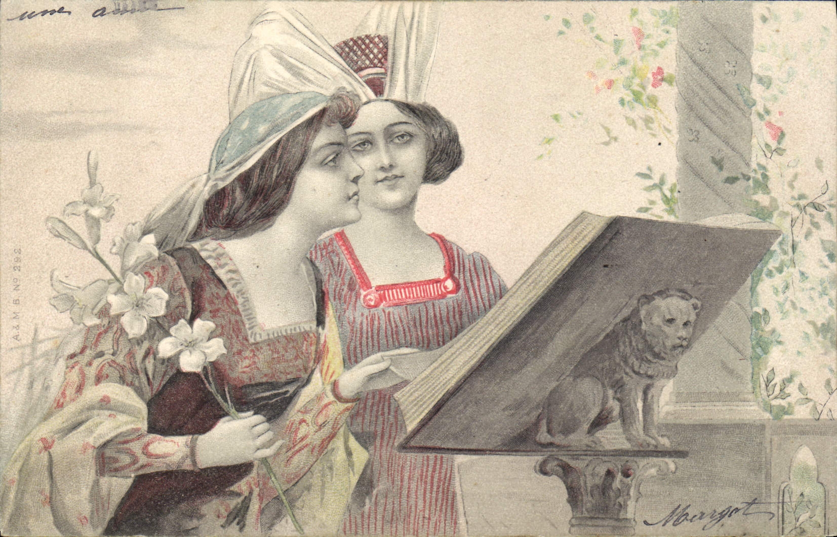 Vintage Postcard Fantasy Illustrator Women Lion