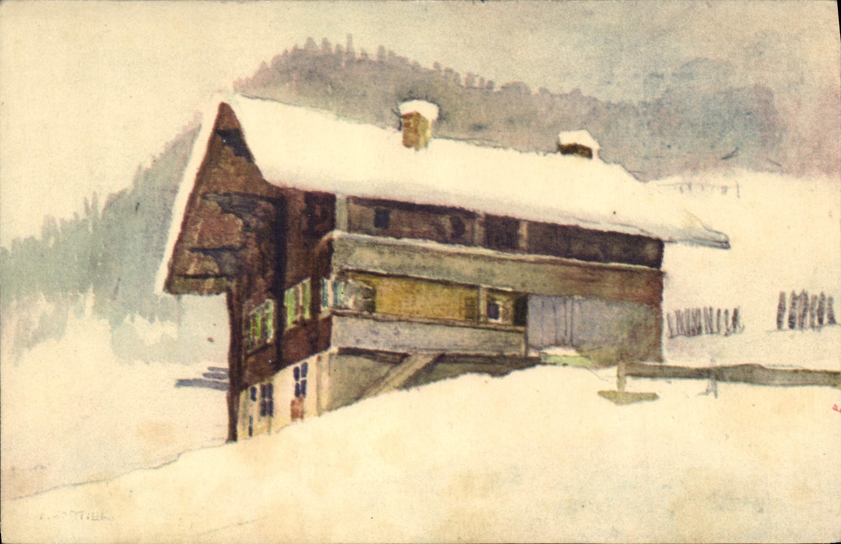 CPA Fantaisie Illustrateur Chalet sous la neige 