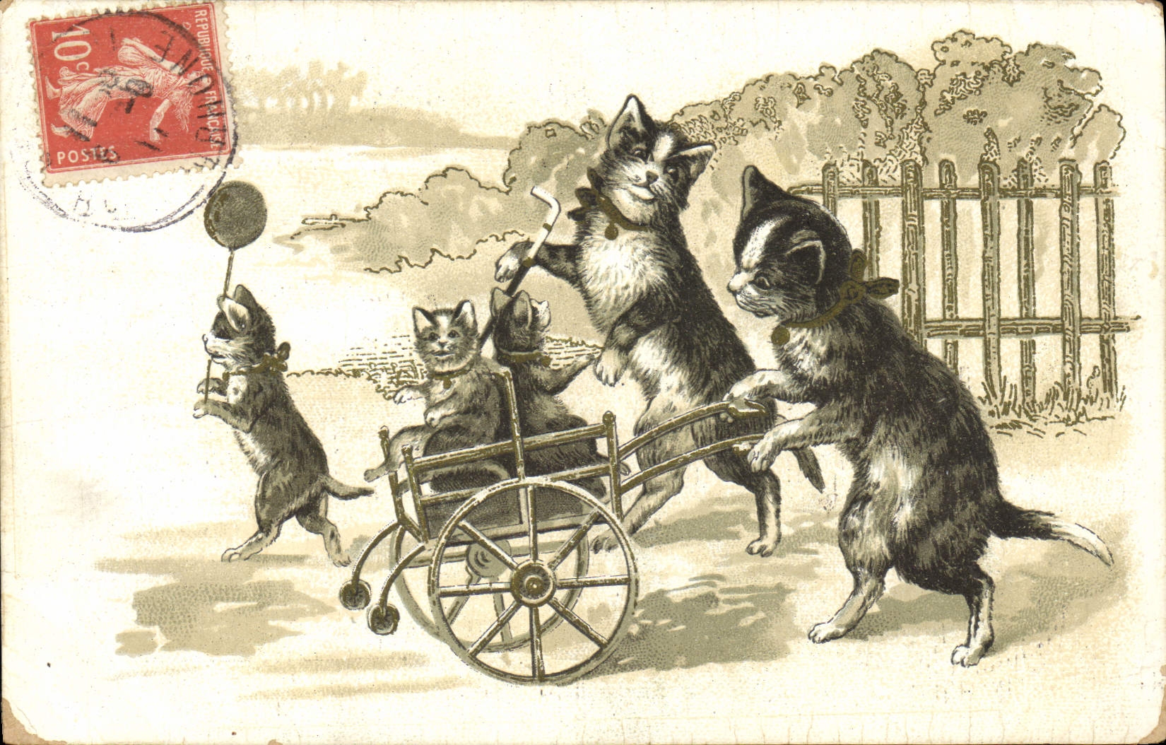 Vintage Postcard Fantasy Illustrator Cat cats