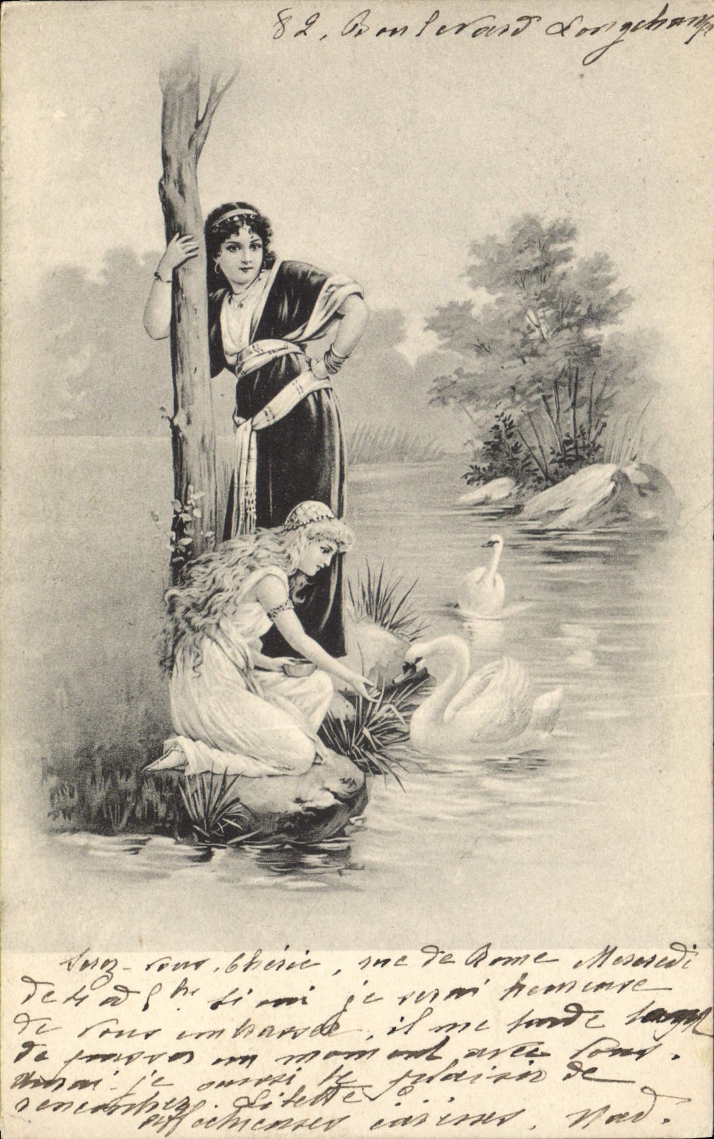 Vintage Postcard Fantasy Women Swans