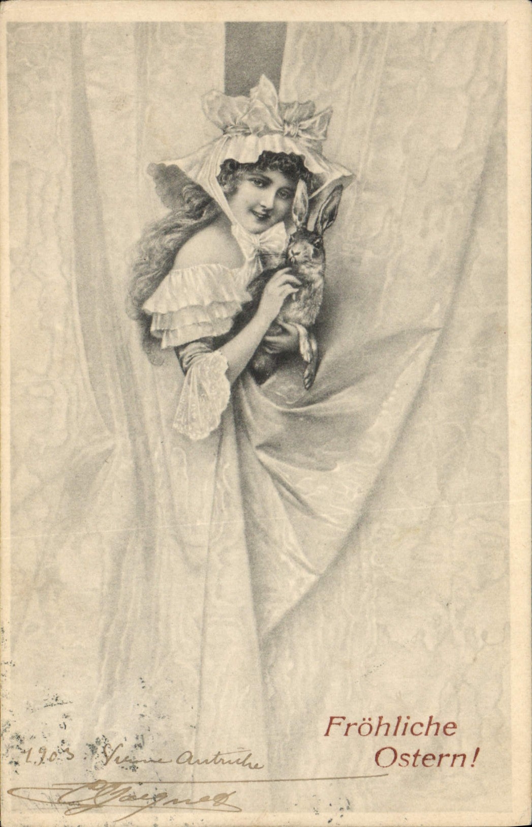 Vintage Postcard Fantasy Woman Easter Rabbit