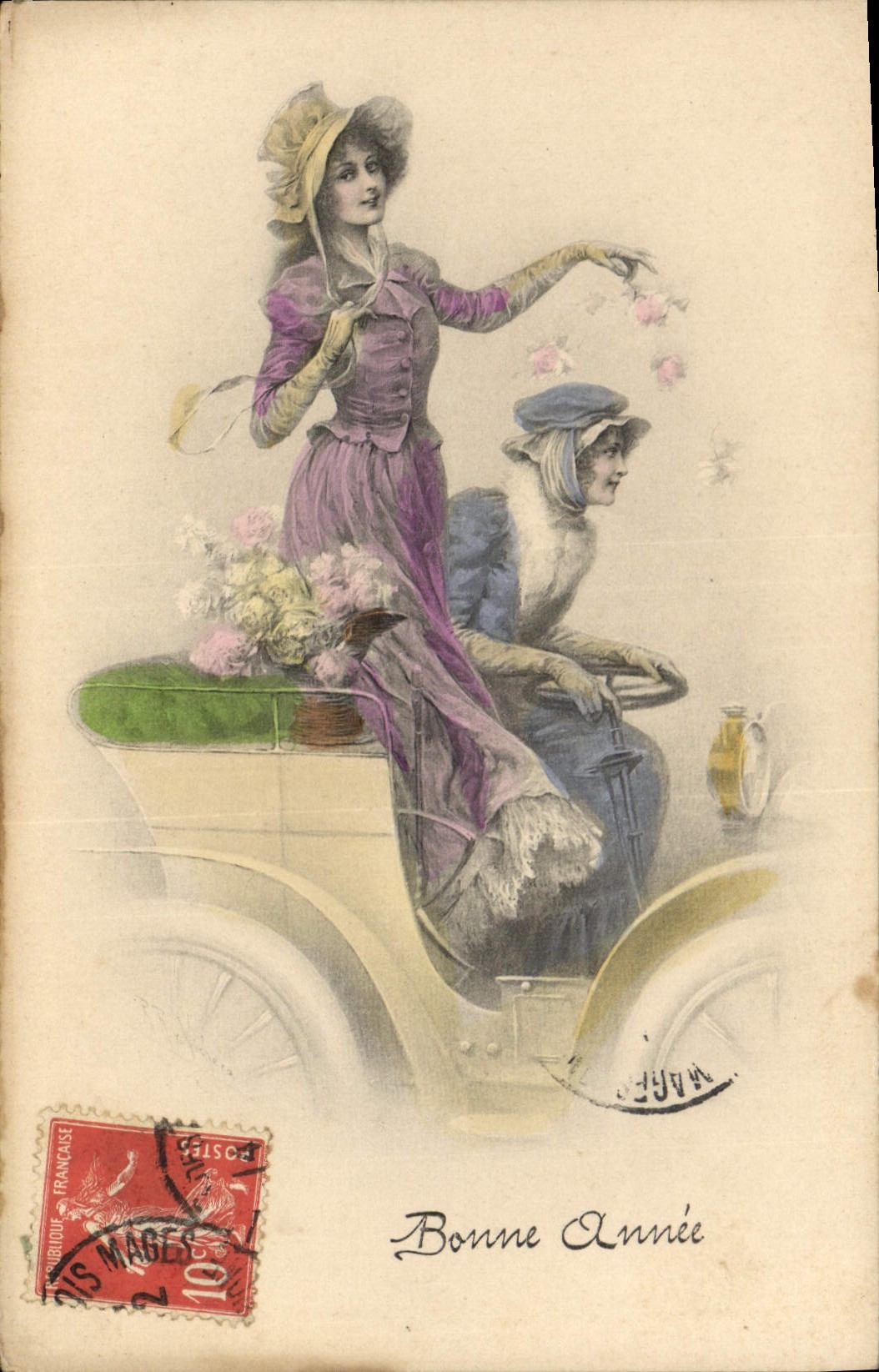 Vintage Postcard Fantasy Women Car Happy new year