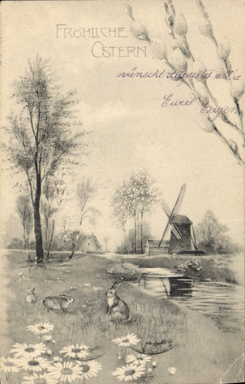 Vintage Postcard Fantaisie Windmill Lapin