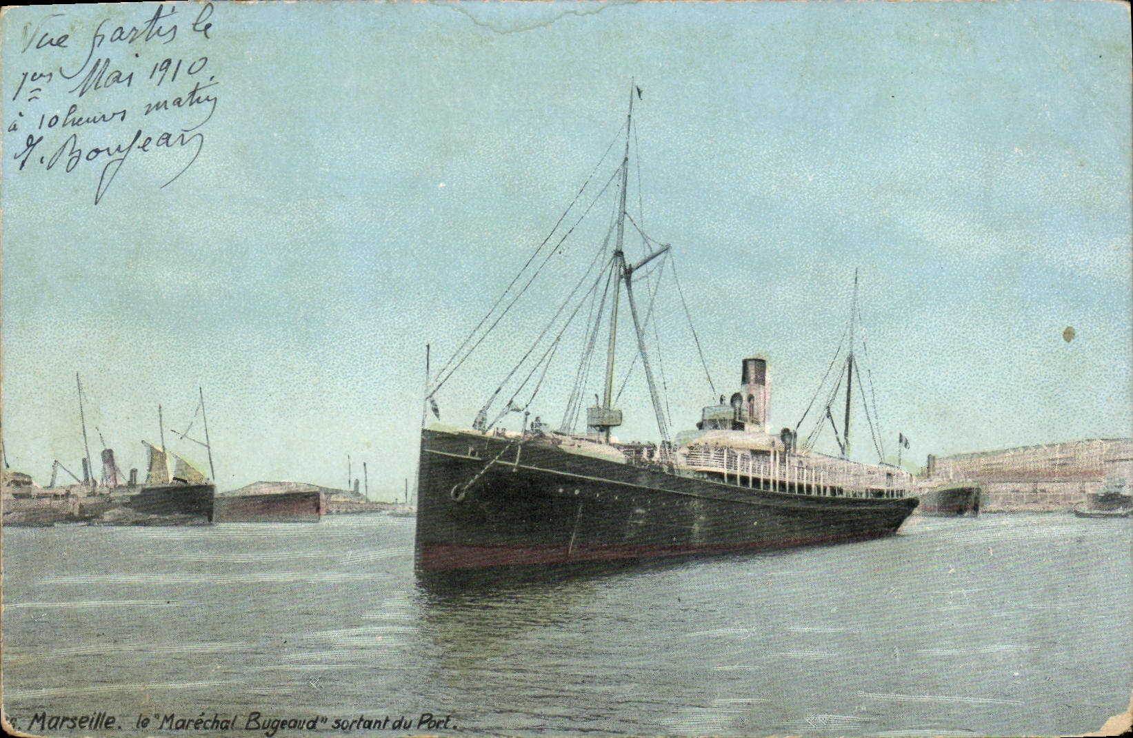 Vintage Postcard Boat Marseilles Steamer outgoing the Bugeaud Marshal of the port