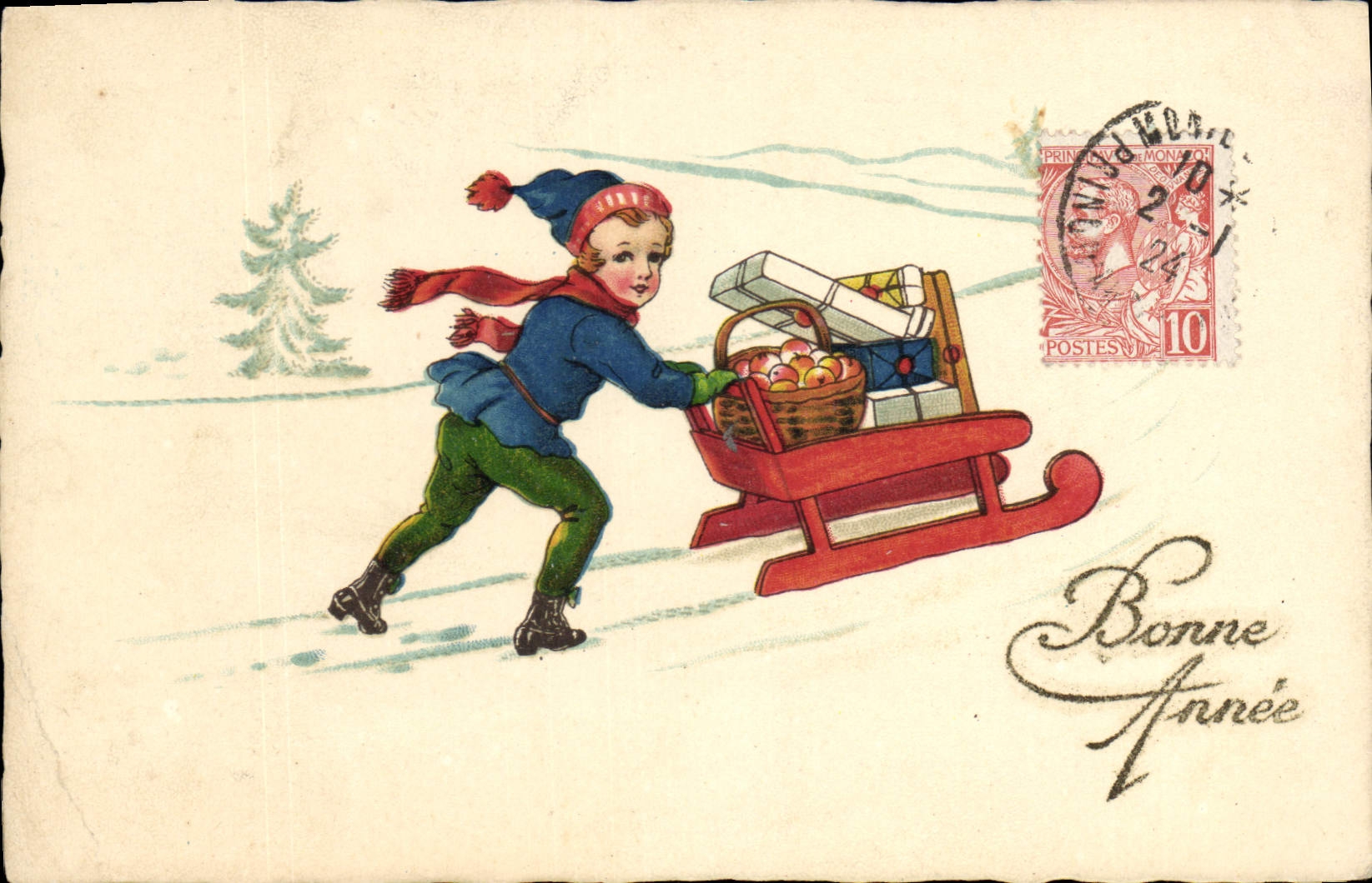 Vintage Postcard Fantaisie Illustrator Child Toboggans Happy new year