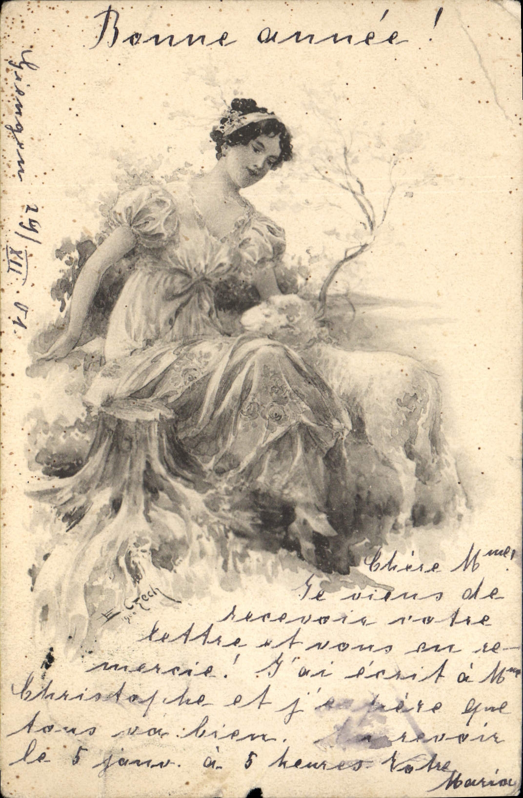 CPA Fantaisie Illustrateur Femme Agneau 