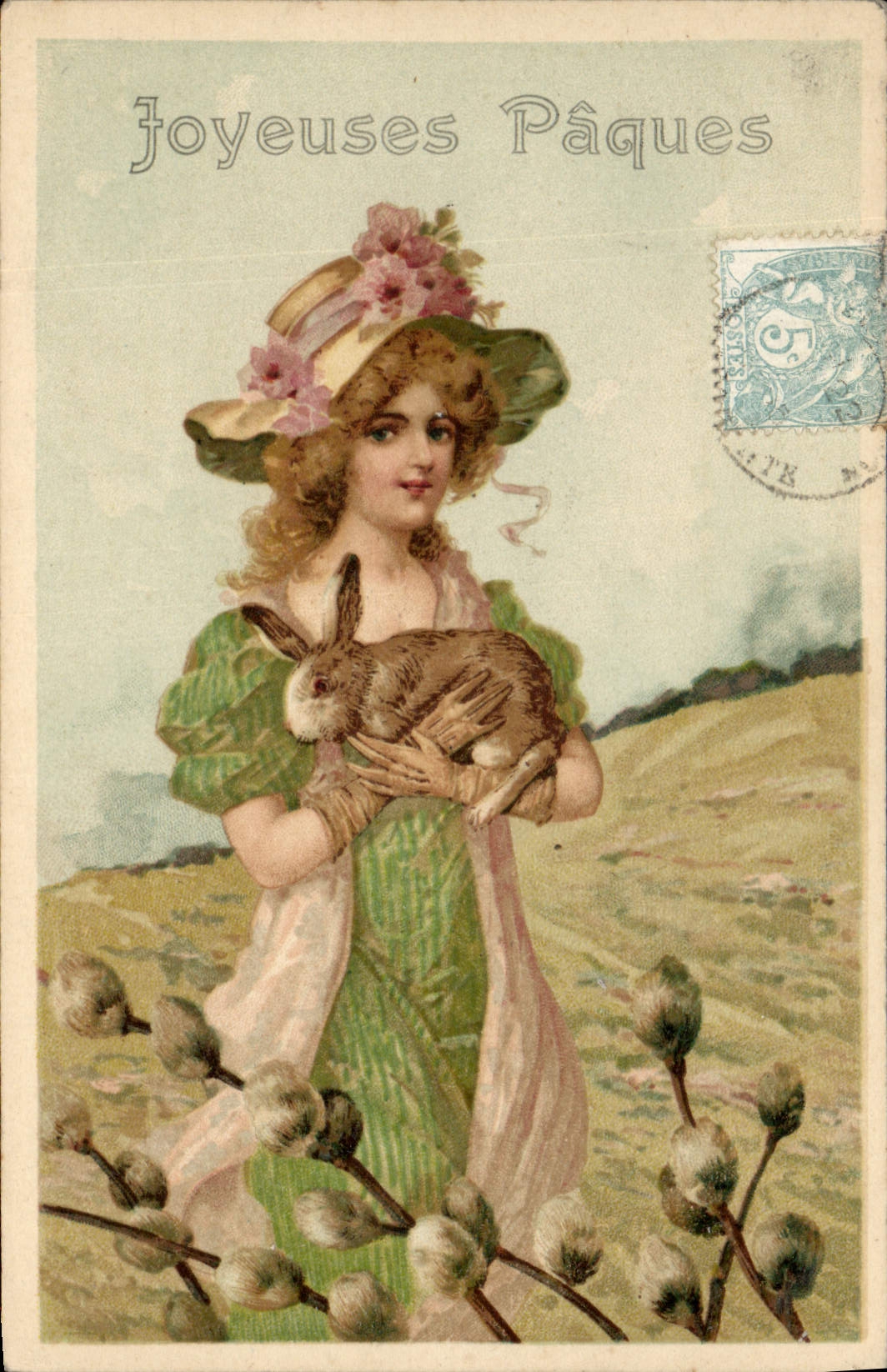 Vintage Postcard Fantasy Illustrator Woman Easter Rabbit