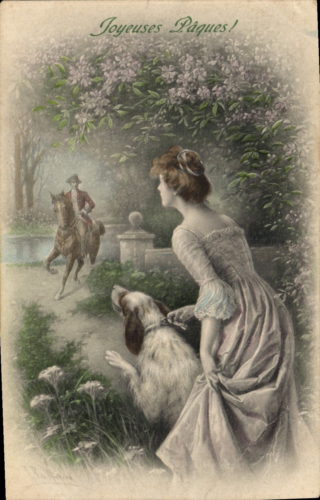 Vintage Postcard Fantasy Woman Easter Dog