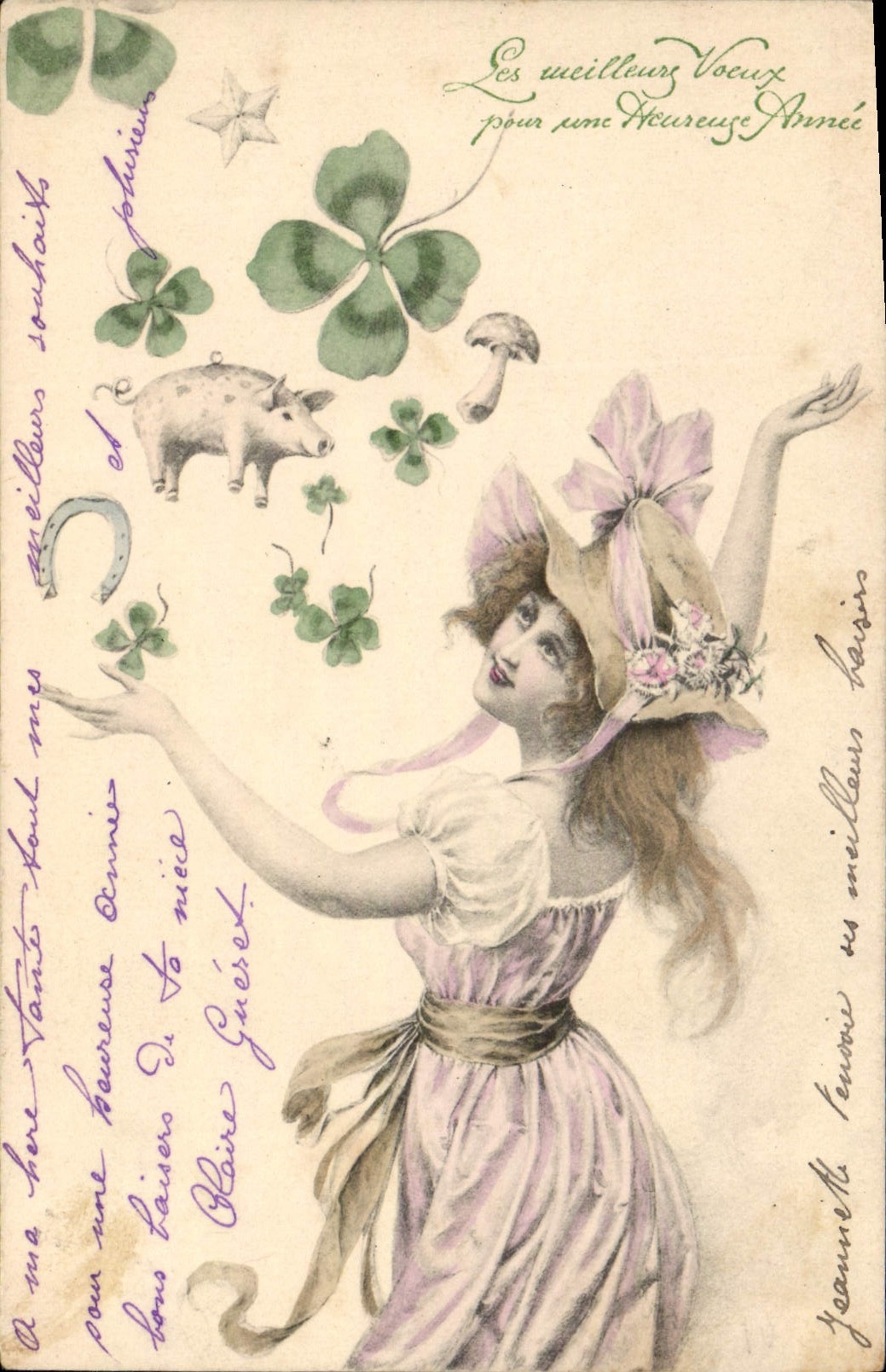 Vintage Postcard Fantaisie Woman Pig Pig Clover Mushroom Horseshoe