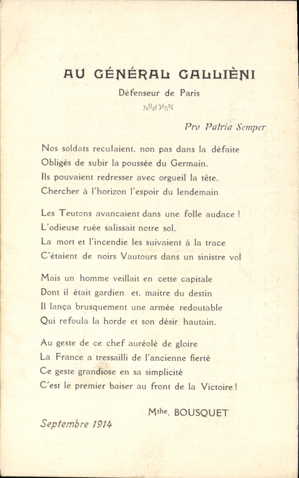 Vintage Postcard Militaria In General Gallieni Defender of Paris