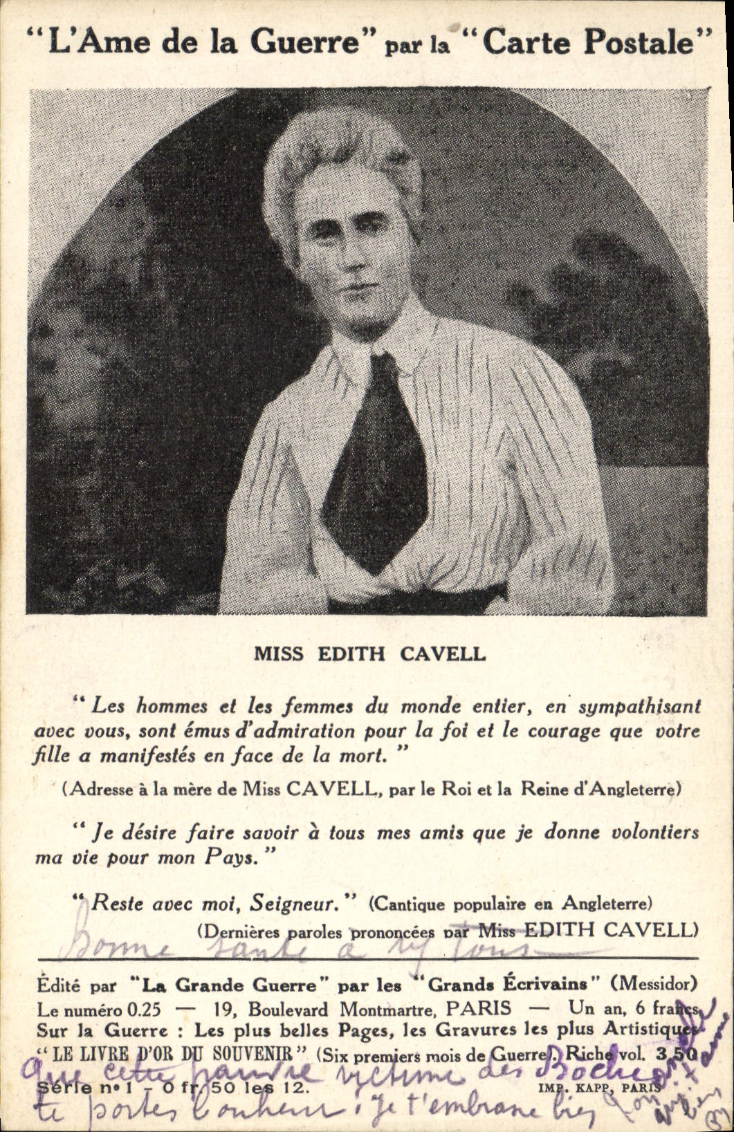 Vintage Postcard Militaria Miss Edith Cavell