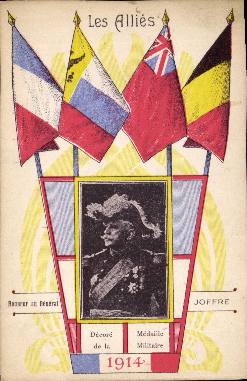 Vintage Postcard Militaria Combine Them General Joffre Drapeaux
