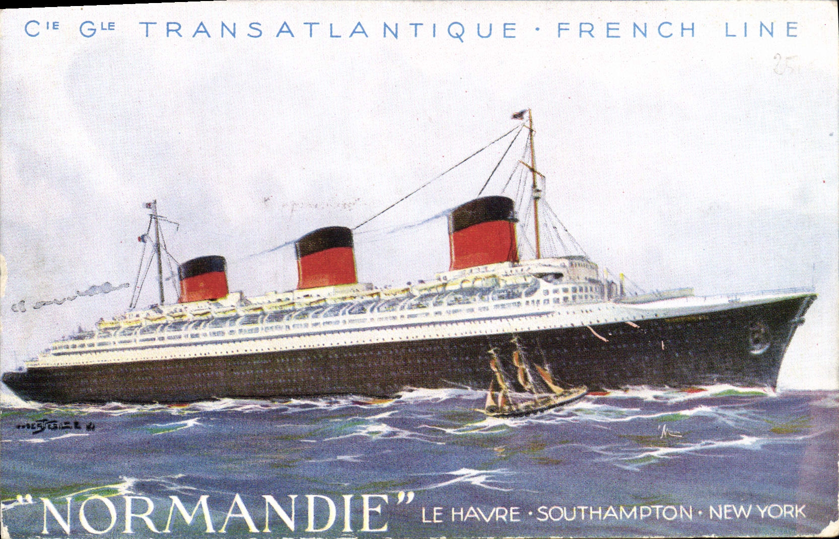 CPA Bateau Paquebot Cie Gle Transatlantique French Line Normandie le Havre Southampton New York 