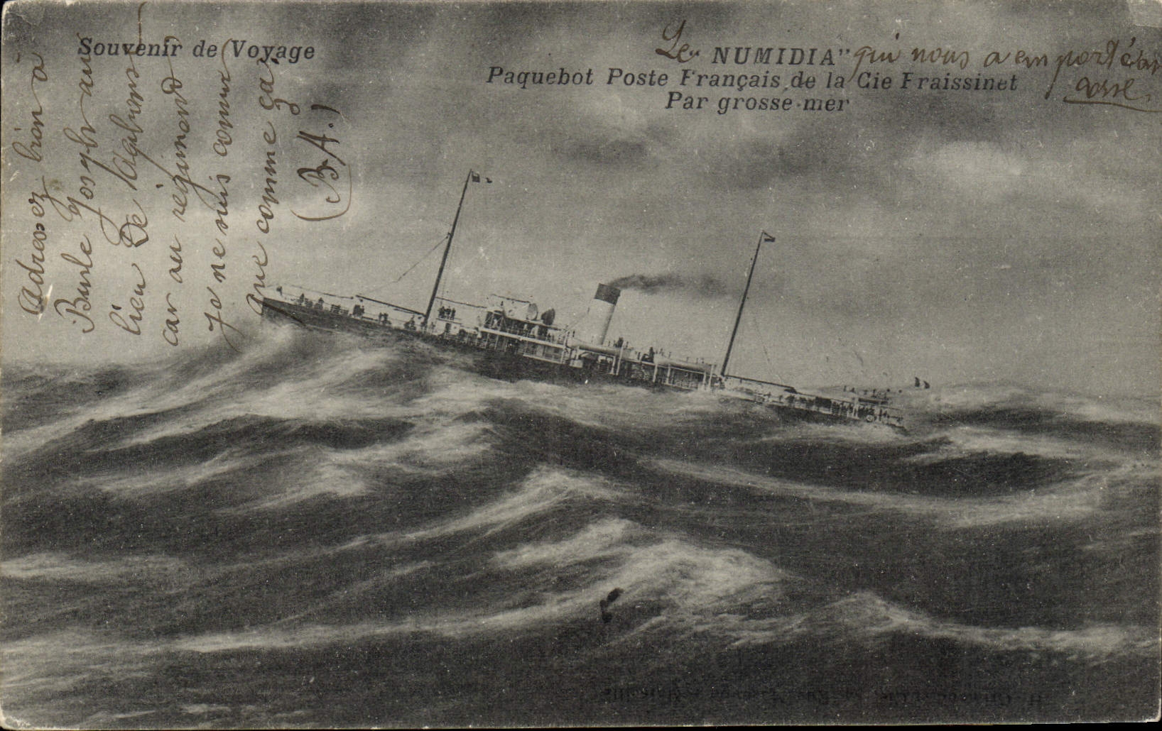 CPA Bateau Paquebot Poste Francais de la Cie Fraissinet par grosse mer Numidia
