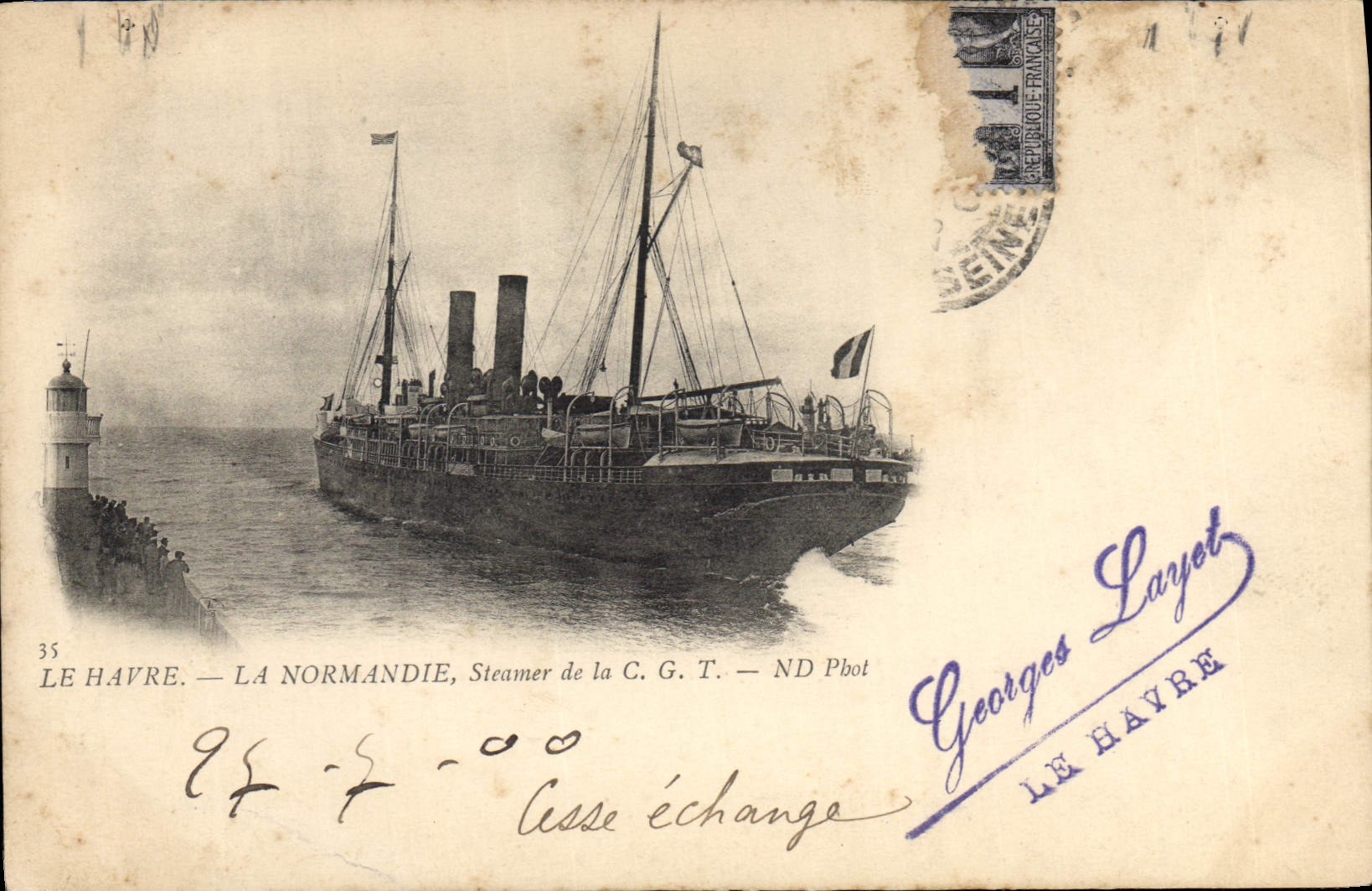 Vintage Postcard Boat Steamer Le Havre Normandy Steamer of CGT