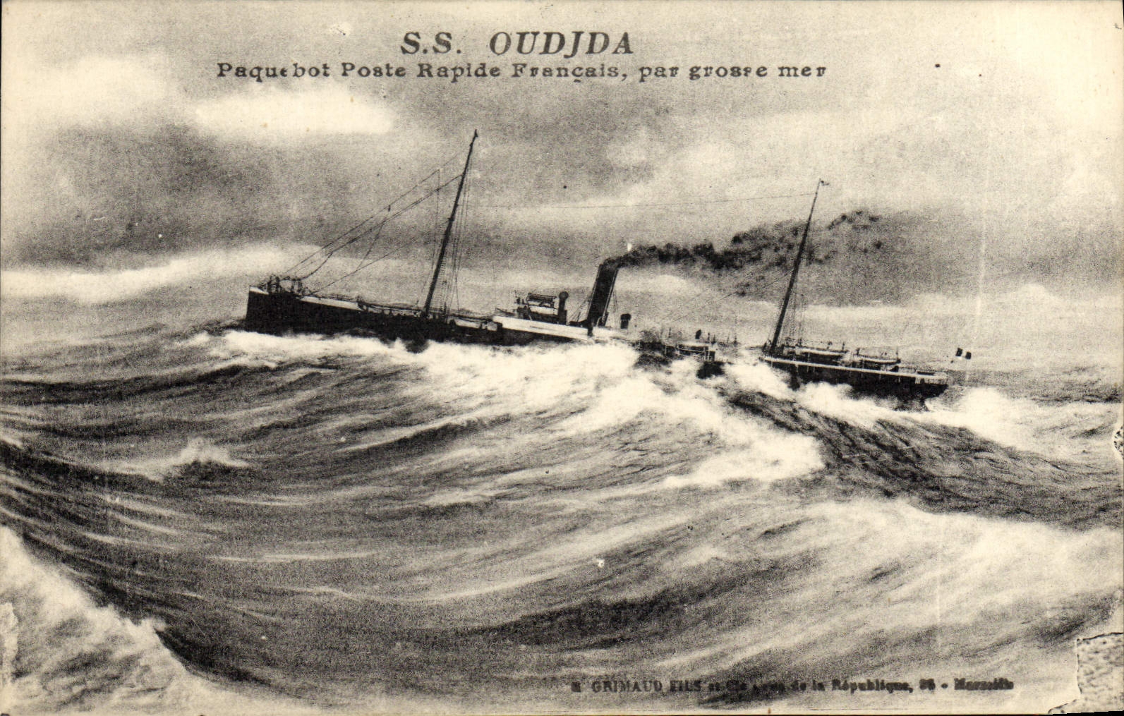 Vintage Postcard Bateau Steamer Posts Fast French by heavy sea SS Oudjda