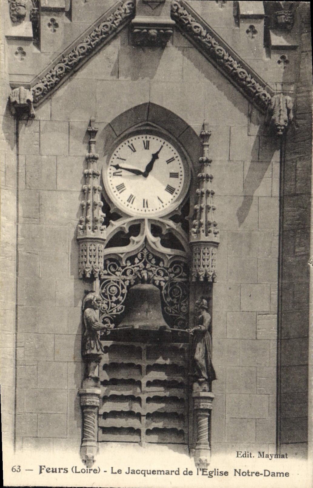 Vintage Postcard Feurs Bell Jacquemard of the church Notre Dame