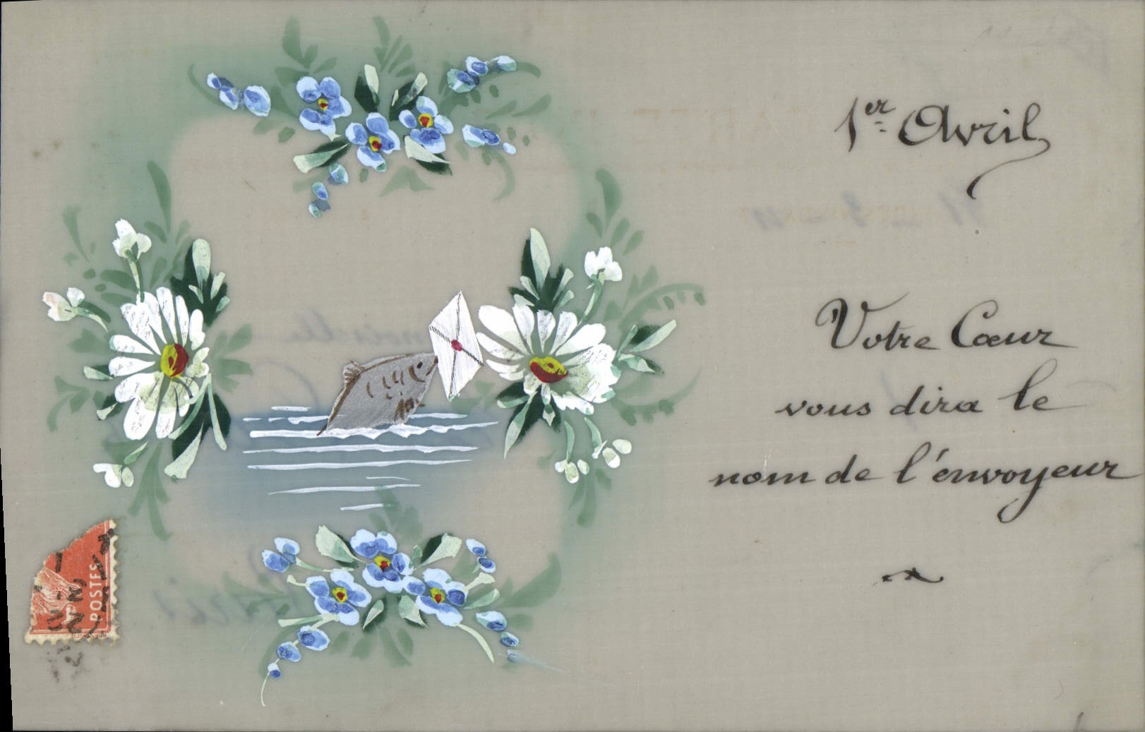 Vintage Postcard Fantasy Flowers April 1st Poisson (transparent chart)