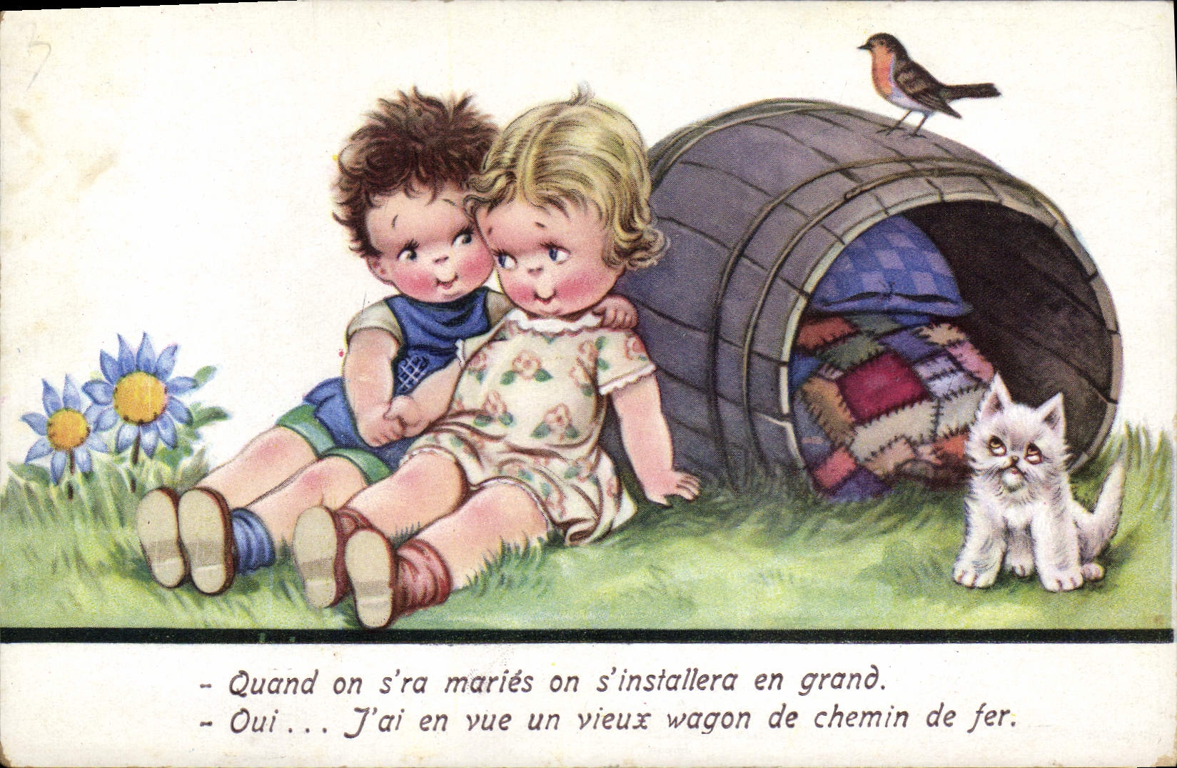 Vintage Postcard Fantasy Children Bird Cat Kitten