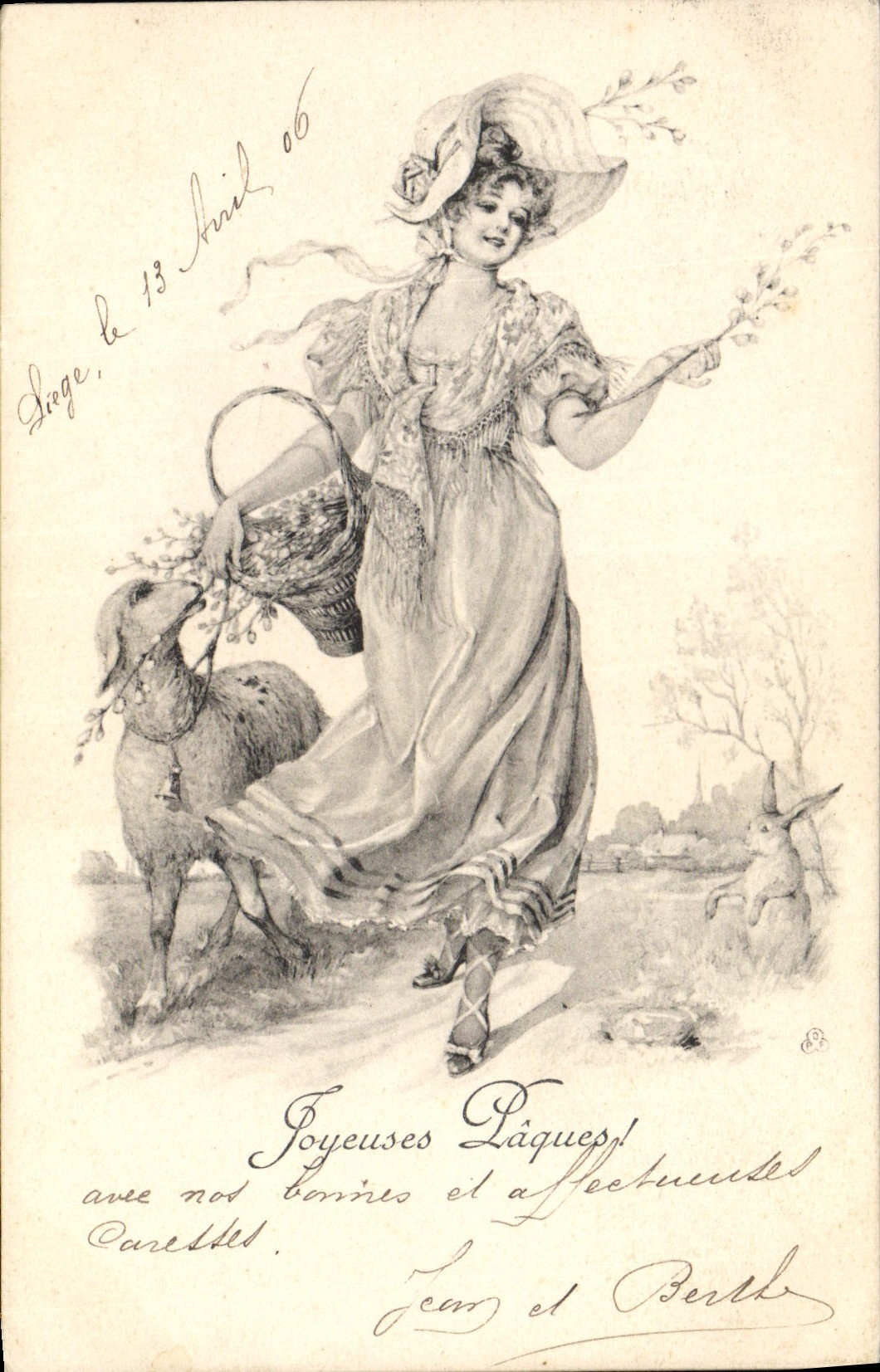 Vintage Postcard Fantasy Woman Sheep Rabbit