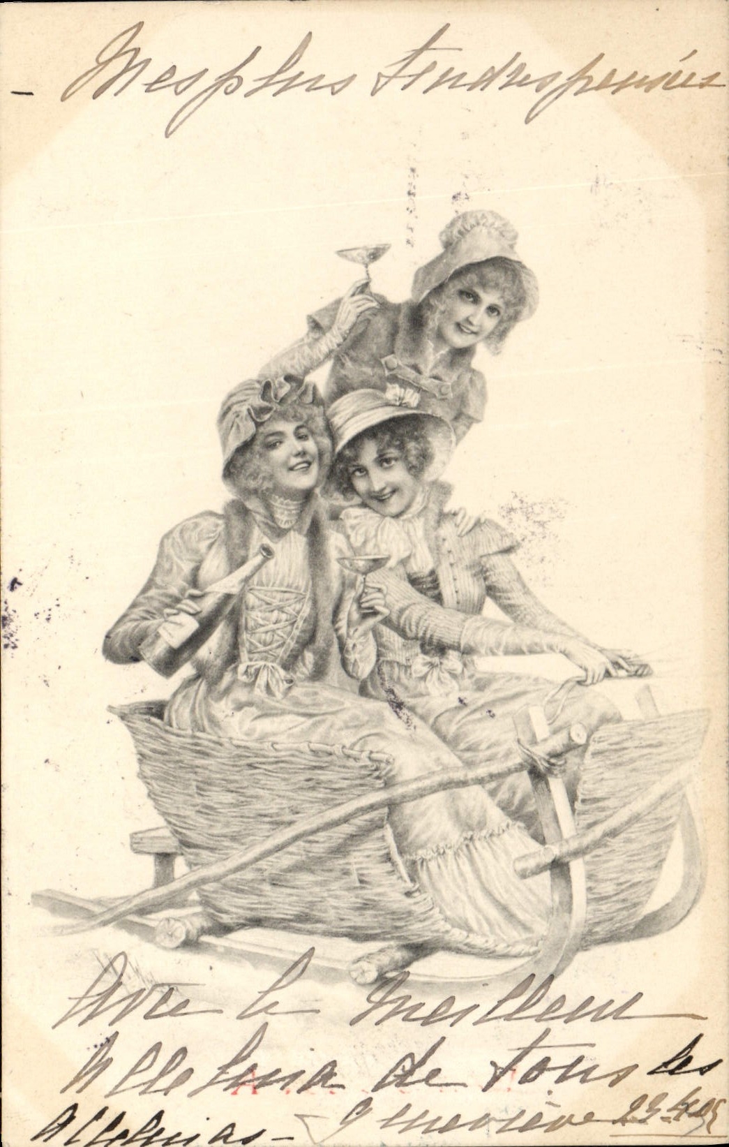 Vintage Postcard Fantaisie Women Toboggans