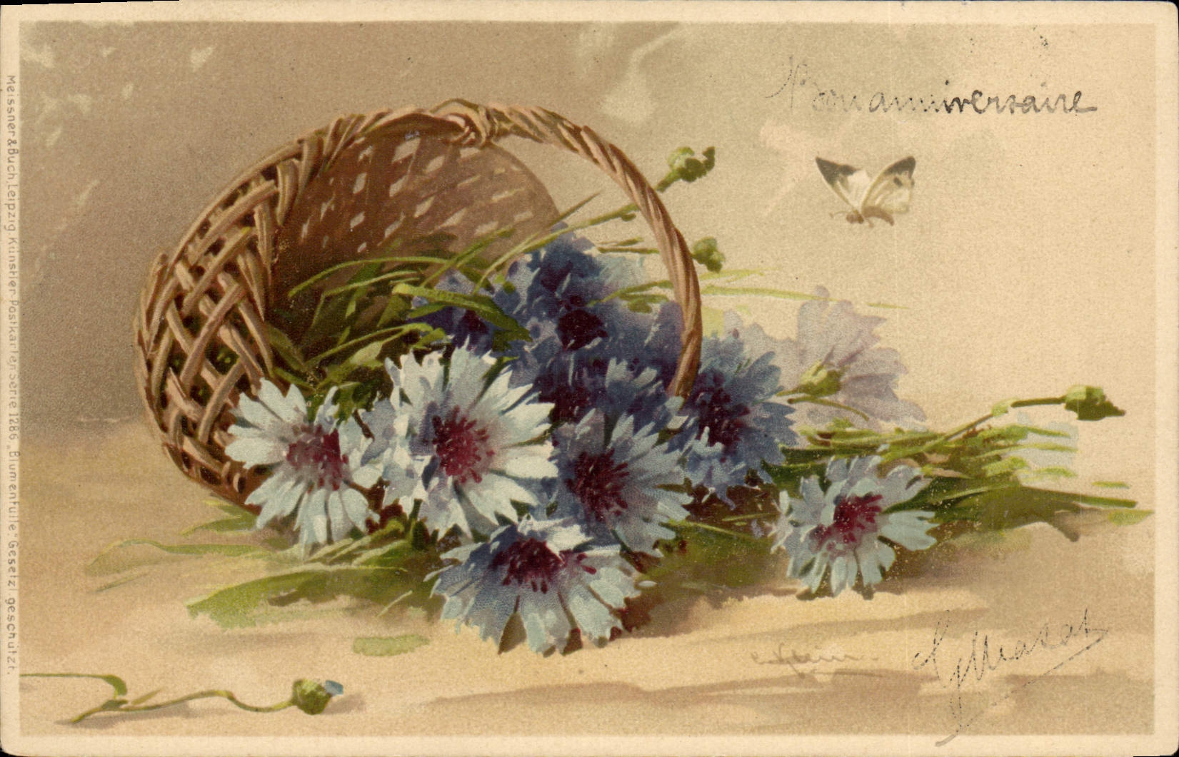 Vintage Postcard Fantasy Illustrator Flowers Butterfly
