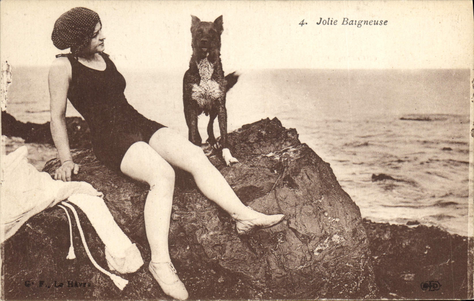 Vintage Postcard Dog Dogs Pretty Woman bather