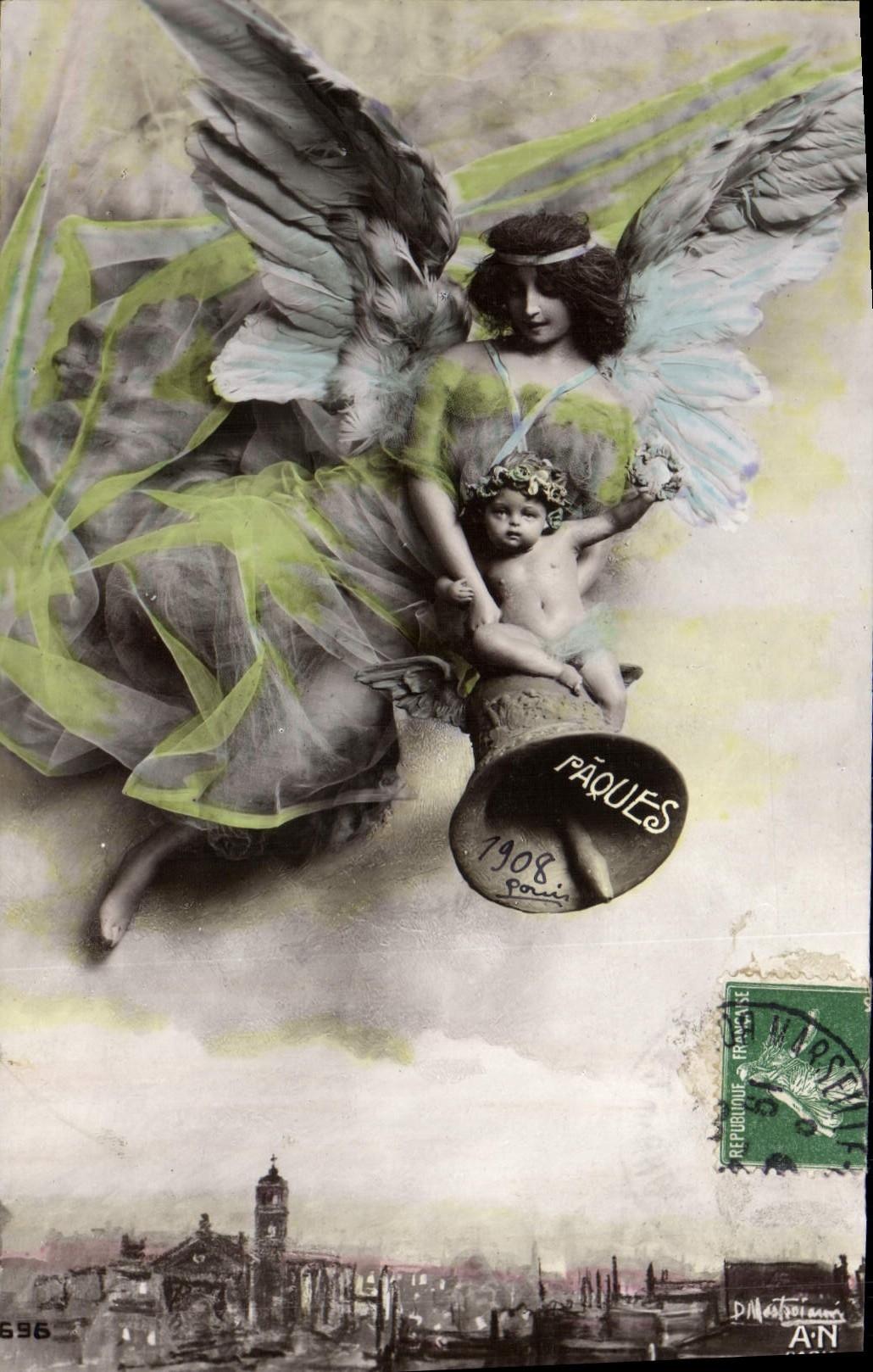 Vintage Postcard Bell Easter Child Angel Woman