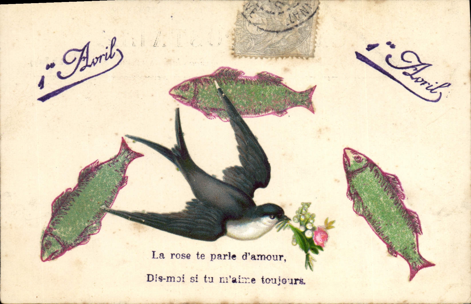 Vintage Postcard Fantasy Easter Poisson April 1st Swallow
