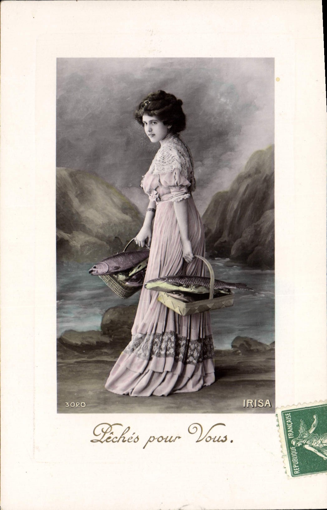 Vintage Postcard Fantaisie Easter Poisson Femme Made iridescent