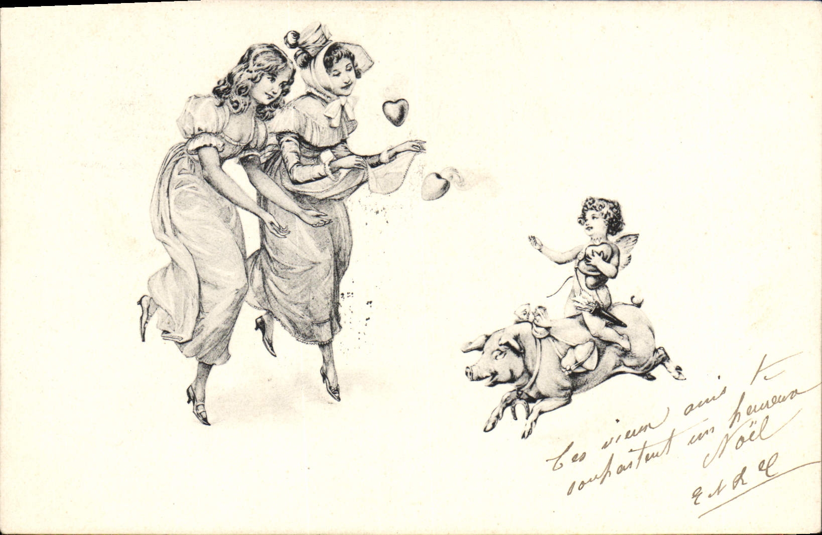 Postal Fantasia Ilustrador Mujeres Ángel Cerdo Cerdo