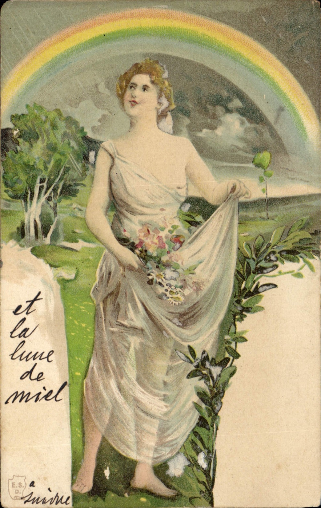 Postal Fantasia Ilustrador Mujer Arco en cielo