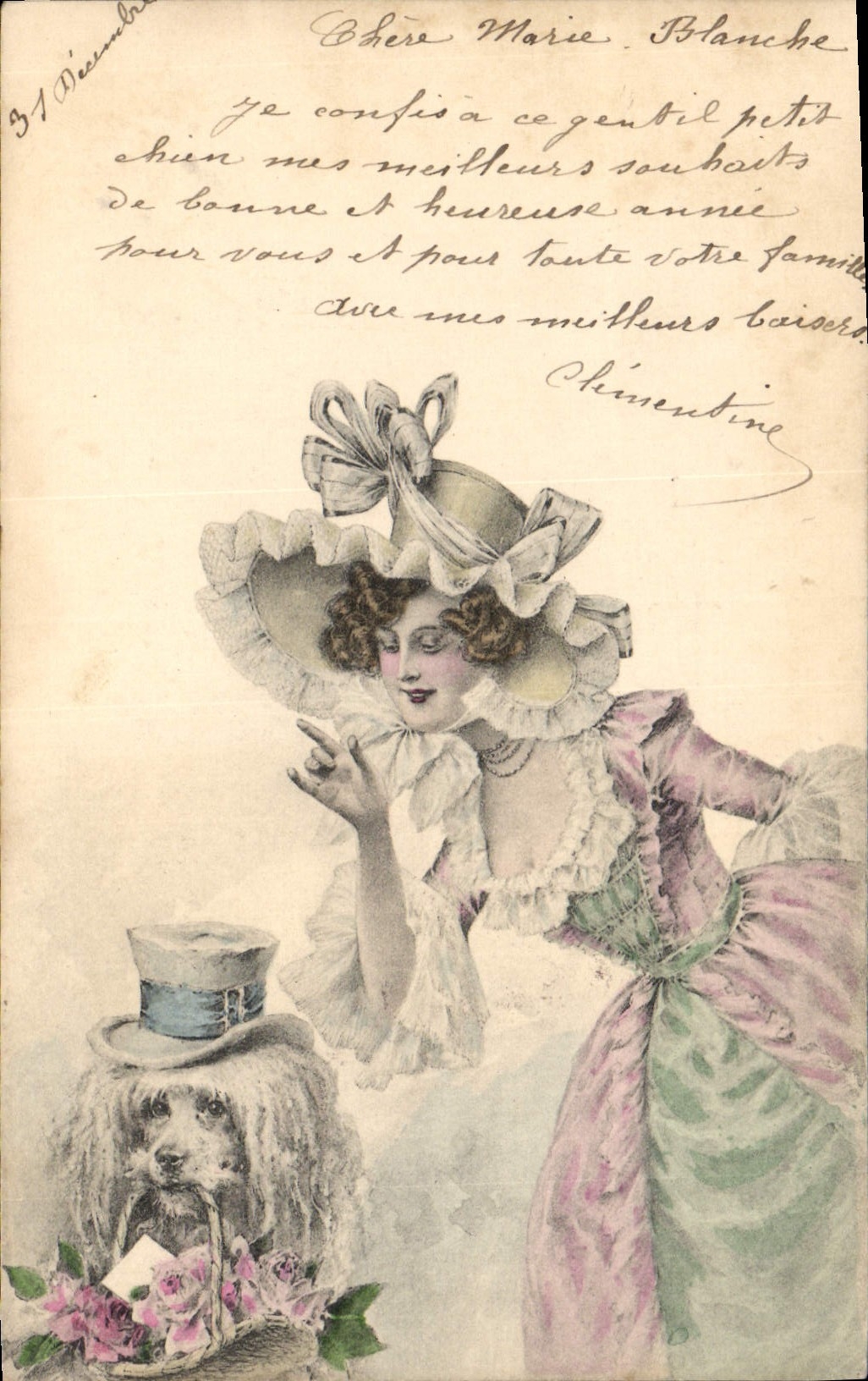 Vintage Postcard Fantasy Woman Dog Poodle